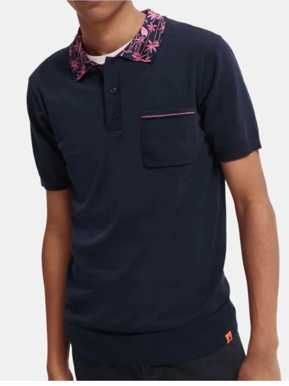 Scotch and Soda Men's Large Jacquard Collared Polo Organic Cotton Knit Navy Blue